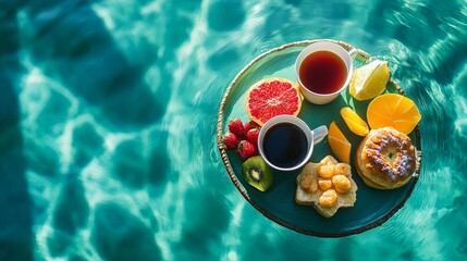 Canvas Print - Floating Breakfast in a Pool - A green plate with coffee, tea, fruit, and pastry floats on the surface of a pool, symbolizing luxury, relaxation, summer, and a refreshing treat.