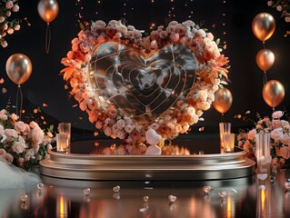 Elegant Valentine s Day Stage Podium with Heart Shaped Mock Up and Floral Arrangements