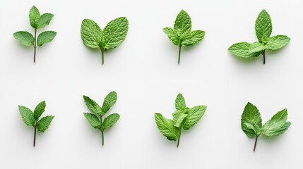 Poster - Fresh Mint Leaves on White Background - Minimalist Food Photography - A collection of fresh mint leaves arranged in a minimalist pattern on a white background, symbolizing freshness, purity, nature, h