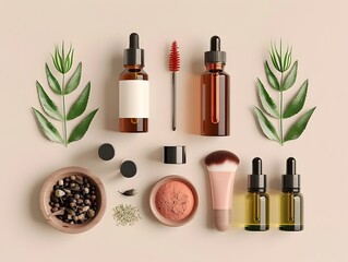 Harmonious Flat Lay of Natural Skincare and Makeup Essentials with Botanical Ingredients