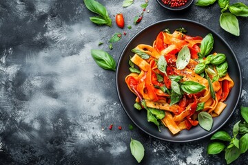 Wall Mural - Fresh homemade tomato basil pasta on dark background