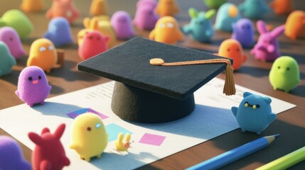 A cute graduation cap surrounded by adorable characters, symbolizing the joy of elementary school relief and celebration, the composition features colorful character shapes