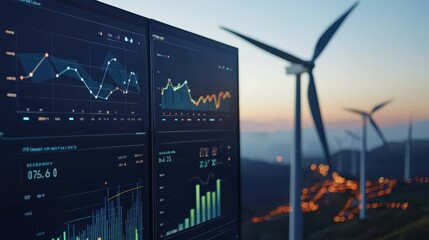 Two computer monitors displaying graphs and charts of wind energy