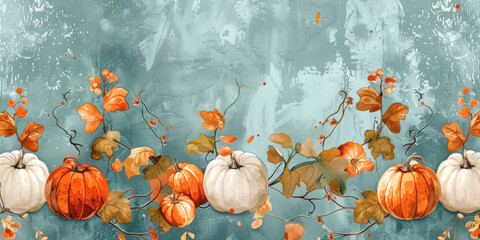 Wall Mural - Illustration of bright colorful pumpkins and autumn leaves on a blue background, creating a seasonal, artistic scene.