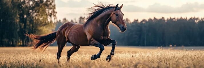 Sticker - Majestic Brown Horse Galloping Through Golden Field at Sunset - A majestic brown horse with a flowing mane gallops through a field of golden wheat at sunset, symbolizing freedom, speed, power, nature,