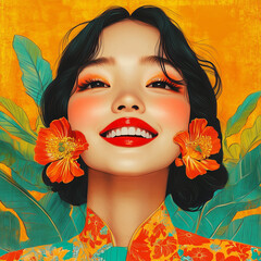 Wall Mural - A photo portrait illustration art style retro Asian woman with a smile, on the vibrant color background