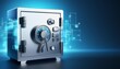 © Ant - Safe with floating digital locks, representing secure money financial management systems banking