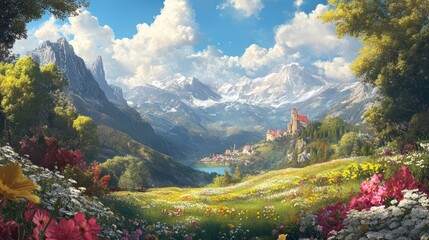 Canvas Print - Majestic Mountain Valley with Blooming Meadow and Castle - A picturesque scene showcasing a valley nestled between towering snow-capped mountains, a tranquil lake, a vibrant meadow of wildflowers, and