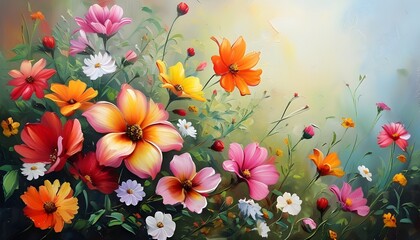 Wall Mural - Colorful flowers bloom in the sun, forming a beautiful sea of flowers.