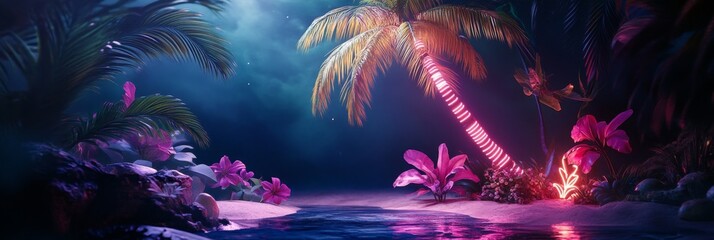 Canvas Print - Neon Tropical Night Scene - Palm Tree and Beach - A vibrant neon-lit tropical beach scene at night.  A palm tree stands tall against a dark sky, surrounded by lush foliage and pink flowers. A glowing 