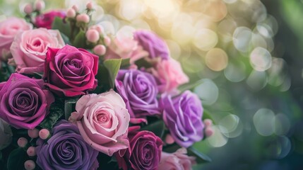 Poster - Pink and purple roses bouquet on natural background with space for customization