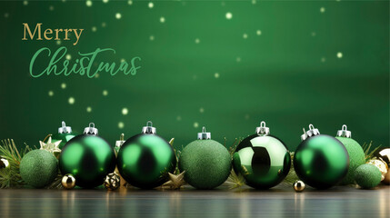 Merry Christmas celebration holiday background greeting card, ornament of green christmas baubles balls isolated on green background with text