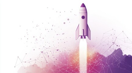 Sticker - Rocket Launch into the Digital Age: Success and Innovation - A white rocket launches into a digital world, symbolized by a pink and purple background with connected lines and dots, representing innova