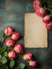 Canvas Print - Romantic Pink Roses with Vintage Paper Note on Rustic Background - A bouquet of pink roses arranged around a blank vintage paper note on a rustic wooden background, symbolizing love, romance, beauty, 