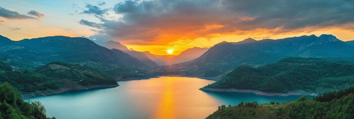 Poster - Serene Sunset Over Mountain Lake - A breathtaking view of a tranquil lake nestled between majestic mountains, with the golden glow of sunset reflecting on the water, symbolizing peace, tranquility, be