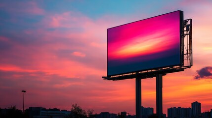 Poster - Billboard background featuring a metallic, reflective surface with a city skyline and sunset sky, offering a dramatic backdrop for advertisements.