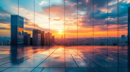 Poster - Billboard background featuring a metallic, reflective surface with a city skyline and sunset sky, offering a dramatic backdrop for advertisements.