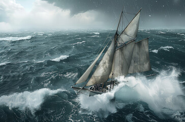 Poster - A white sailboat with dark gray sails is sailing in the middle of a stormy sea, with large waves and dark clouds in the background.