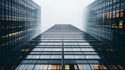 Poster - High-rise office building with a minimalist design featuring a glass and steel exterior and open spaces. 