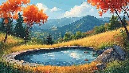 Wall Mural - A tranquil swimming pool and grass, with magnificent mountains and beautiful sunset views in the background.