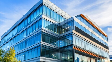 Poster - Stylish office building with a blend of glass and metal surfaces, showcasing a modern architectural design.