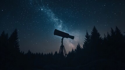 Poster - Telescope pointed at the Milky Way under a starlit sky - A silhouette of a telescope pointed towards the Milky Way,  a symbol of exploration, wonder, curiosity, and the vastness of the universe.