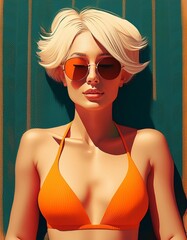 Wall Mural - blonde woman wearing orange bikini sunbathing and relaxing