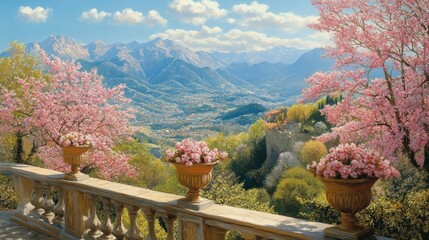 Canvas Print - Stunning Mountain View with Pink Blossoms and Stone Balcony - A picturesque scene of a stone balcony overlooking a valley with mountains in the distance. Pink cherry blossoms frame the view, creating 