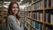 © Anton Dios - A cheerful young woman with long hair stands amidst shelves of books, radiating positivity and enthusiasm in a cozy library.