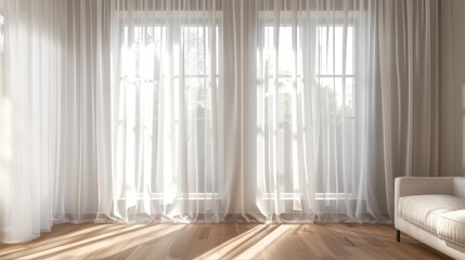 Wall Mural - Translucent white curtains in morning light near window for interior decoration