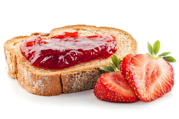 slice of bread with strawberry jam isolated on white background