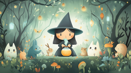 Witch brewing a potion in a forest, cartoon style, water color, detailed, surrounded by magical creatures and eerie fog