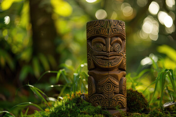 Wall Mural - A carved wooden totem with an angry face in the middle of a lush green forest