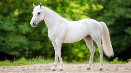 A white horse standing in a green bushes background.