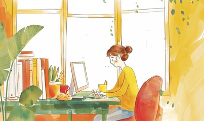 Wall Mural - Kawaii casual funny smiling girl use computer for study near window. Teen room with red-yellow walls green table chair, plant, books, coffee cup, bear toy, smartphone, cookies 