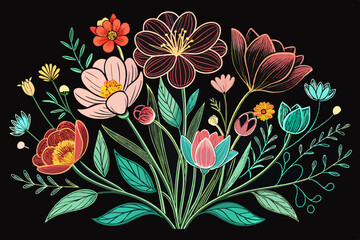 Spring Flowers Vector Illustration - Floral Pattern, Line Art