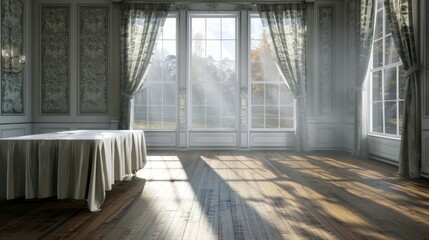 A room with two trees in the middle and a door