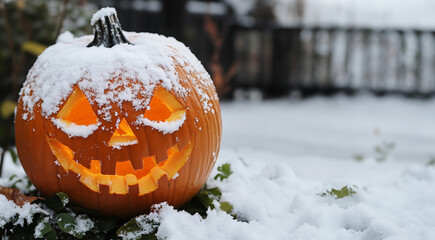 halloween carved pumpkin covered in snow