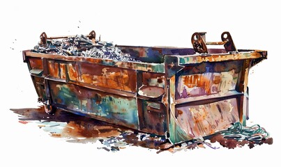 Recycle, scrap and rust on skip in junkyard for sorting, garbage and metal reuse at landfill site. Steel, iron and industrial bin for truck transport 