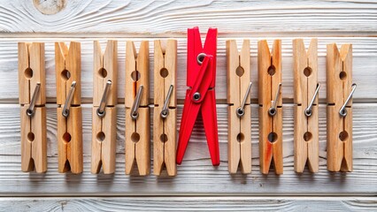 Vibrant red clothespin stands out amidst a set of plain wooden clothespins, arranged neatly on a rustic white wood background, evoking a sense of simplicity and charm.