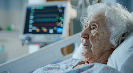 Wall Mural - Elderly woman in a hospital bed, a happy expression on her face. The focus is to the right of her head and features a monitor with a heart subtly visible.