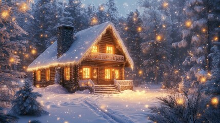 Wall Mural - A small cabin in the snow with lights shining on it, AI