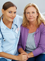 Poster - Elderly care, people and portrait in nursing home with hug, support and smile on sofa. Senior woman, nurse and happy in lounge for healthcare, retirement and couseling in assisted living in Canada