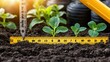 © JK_kyoto - Measuring plant growth with a ruler in fertile soil, showcasing a healthy garden environment full of greenery and potential.
