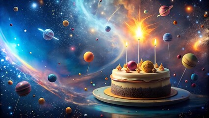 Wall Mural - A Cosmic Birthday Cake: A Celebration Among the Stars  generative AI