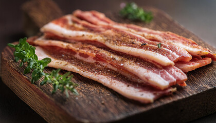 Seasoned pork strips. Tasty meat food. Raw bacon with fresh herbs on rustic board. Close up