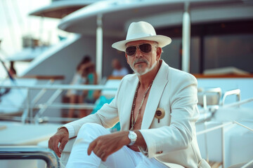 Wall Mural - Wealthy senior man at luxury yacht party, oligarch lifestyle with glamorous women in bikini, billionaire summer cruise vacation