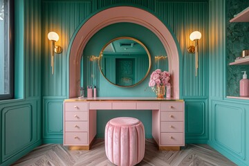 Elegant pink and gold dressing table with mirror and flowers in luxurious teal room