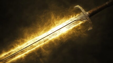 A golden sword glows with an ethereal light, surrounded by swirling mist.