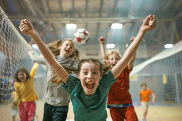 Smiling children celebrating a goal in an indoor football sports facility. Generative AI